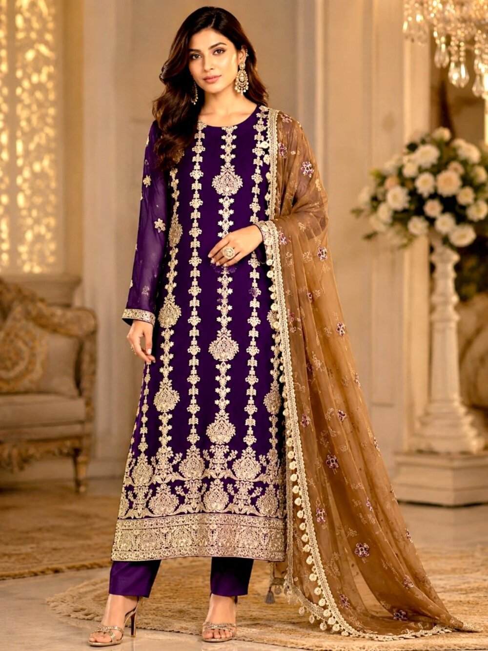 Indian Pakistani Dress NEW Size XS Purple Embroidered Embellished Bridal Formal